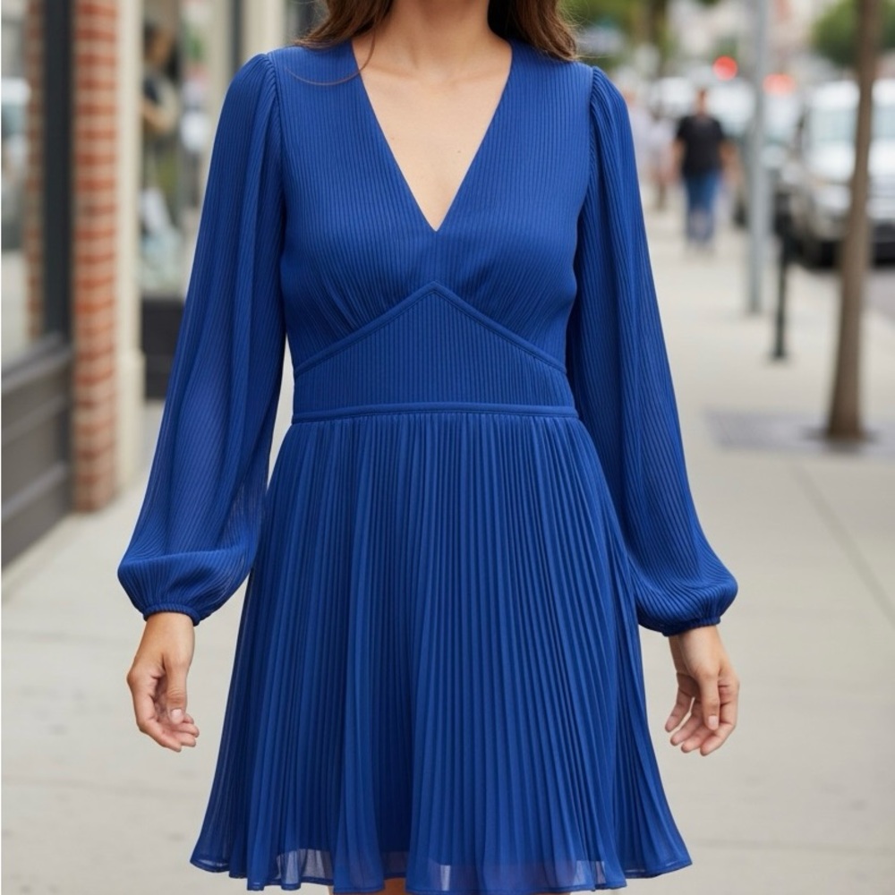 Michael Kors  Grecian Blue Pleated Long Sleeve Mini Dress – Size P/M ✨